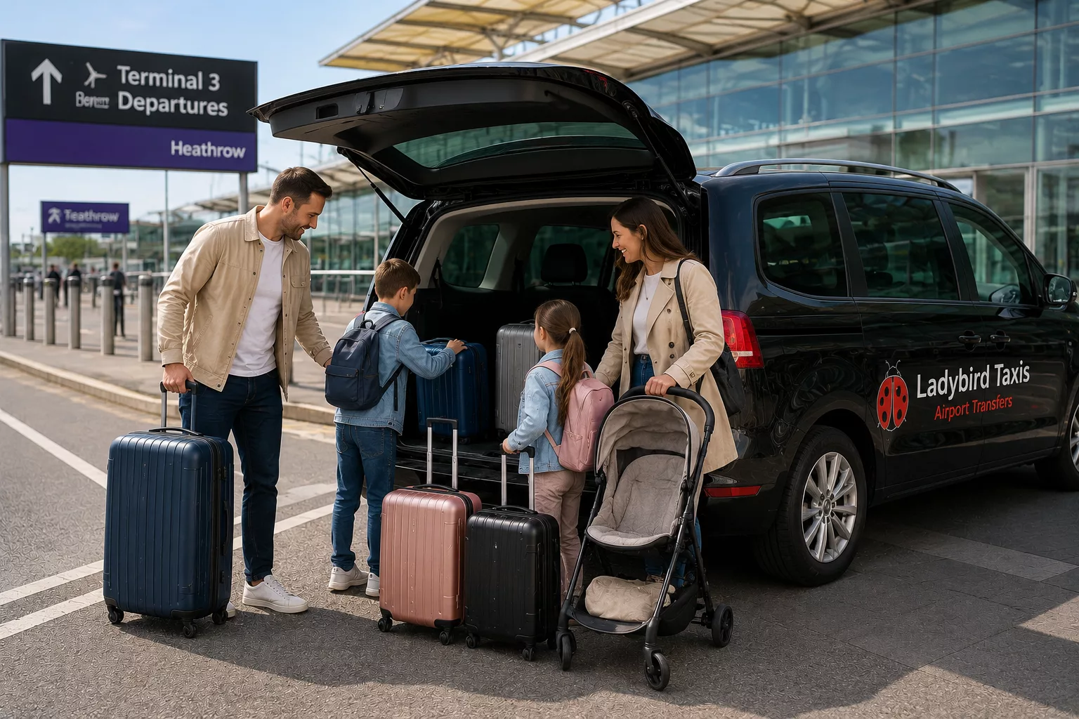 5 Reasons Why Airport Taxis Are Better Than Parking at Heathrow 2 Family loading suitcases into a taxi for a journey to Heathrow Airport