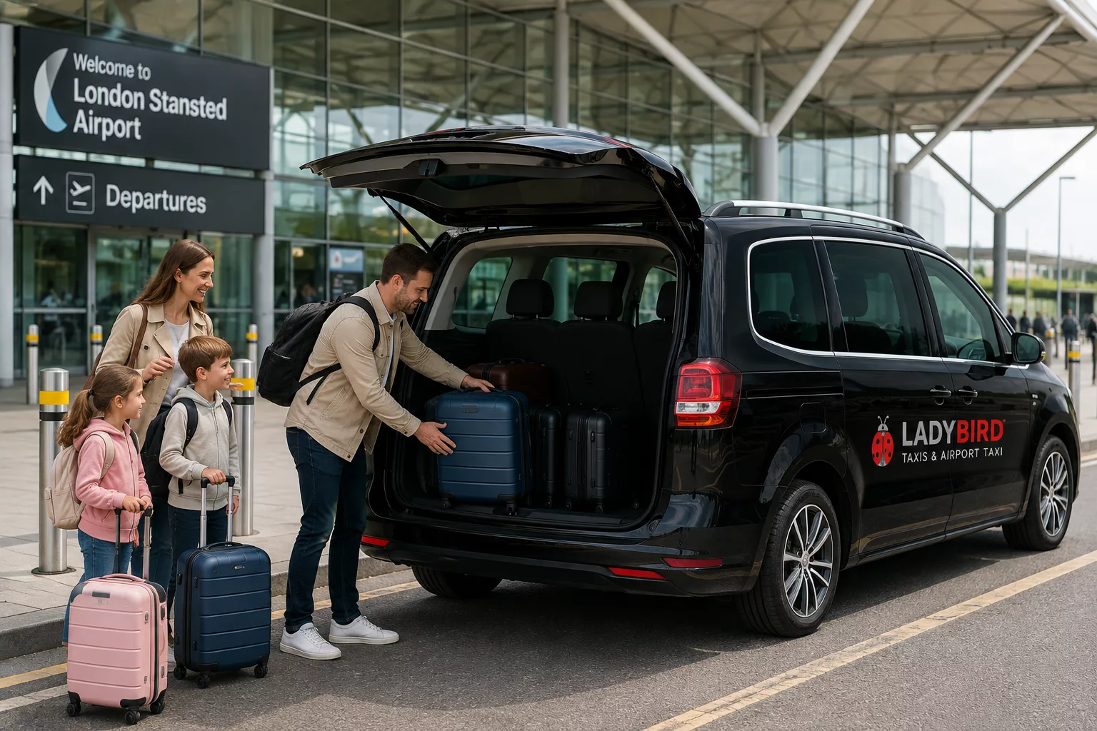 Stansted to Chobham Taxi Service 3 Family loading luggage into a taxi for a Stansted Airport to Chobham transfer