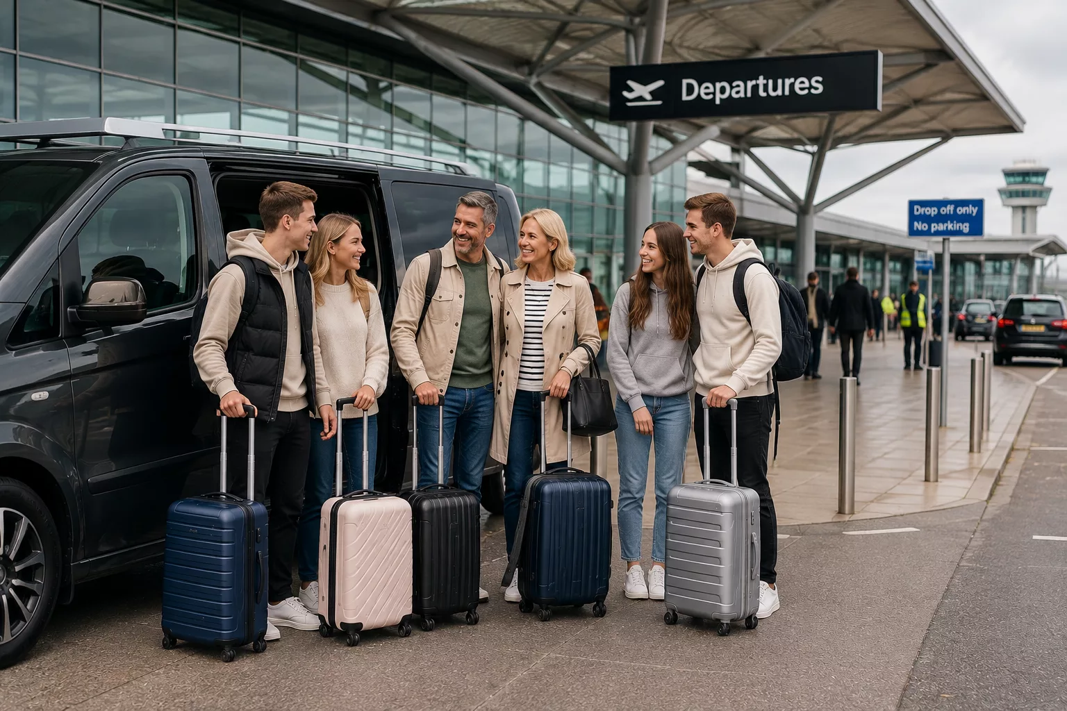 Why Minibus Airport Transfers Save you Money for Group Travel 4 Group arriving together at an airport terminal by minibus