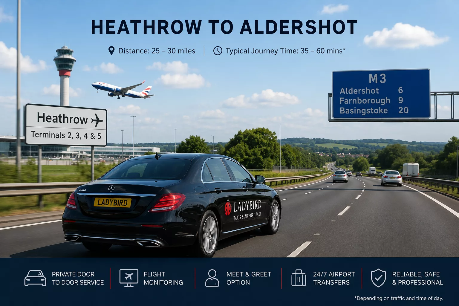 Heathrow to Aldershot Taxi Service 1 Heathrow Airport to Aldershot taxi route for private airport transfers