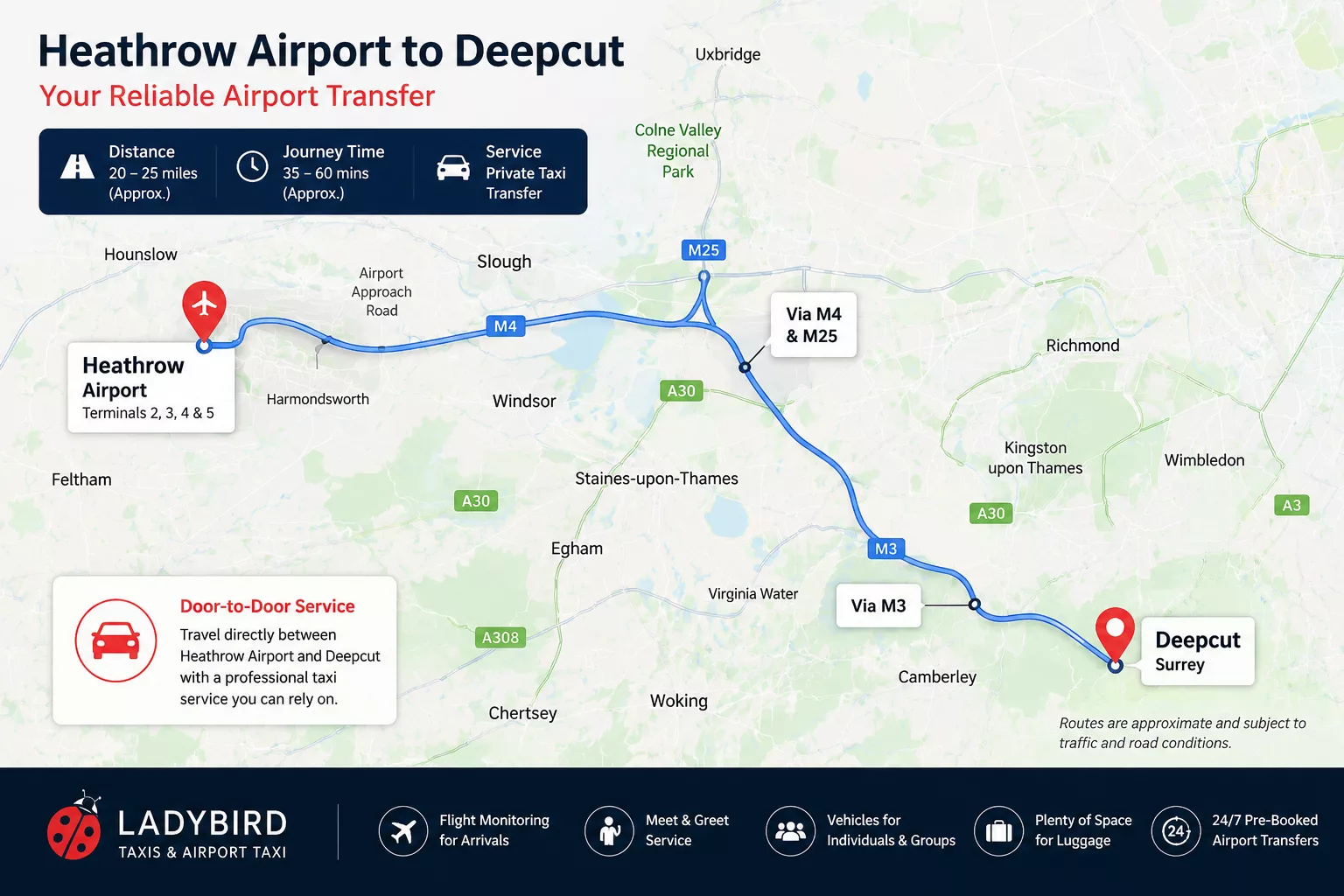 Heathrow to Deepcut Taxi Service 1 Heathrow Airport to Deepcut taxi route in Surrey