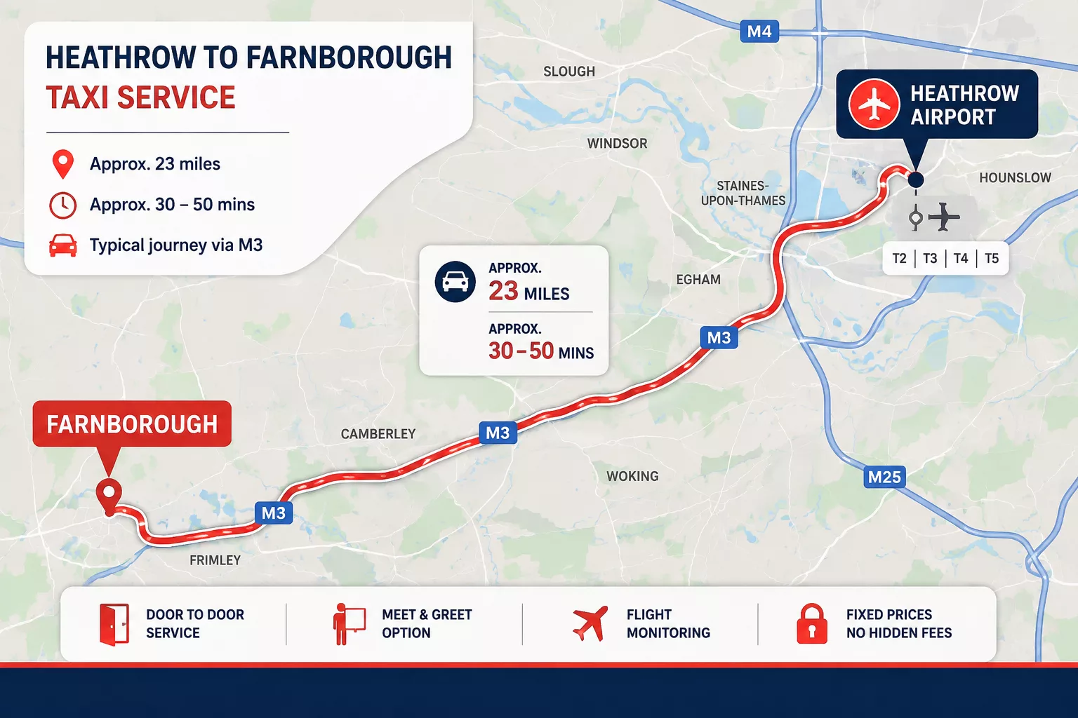 Heathrow to Farnborough Taxi Service 1 Heathrow Airport to Farnborough taxi route map