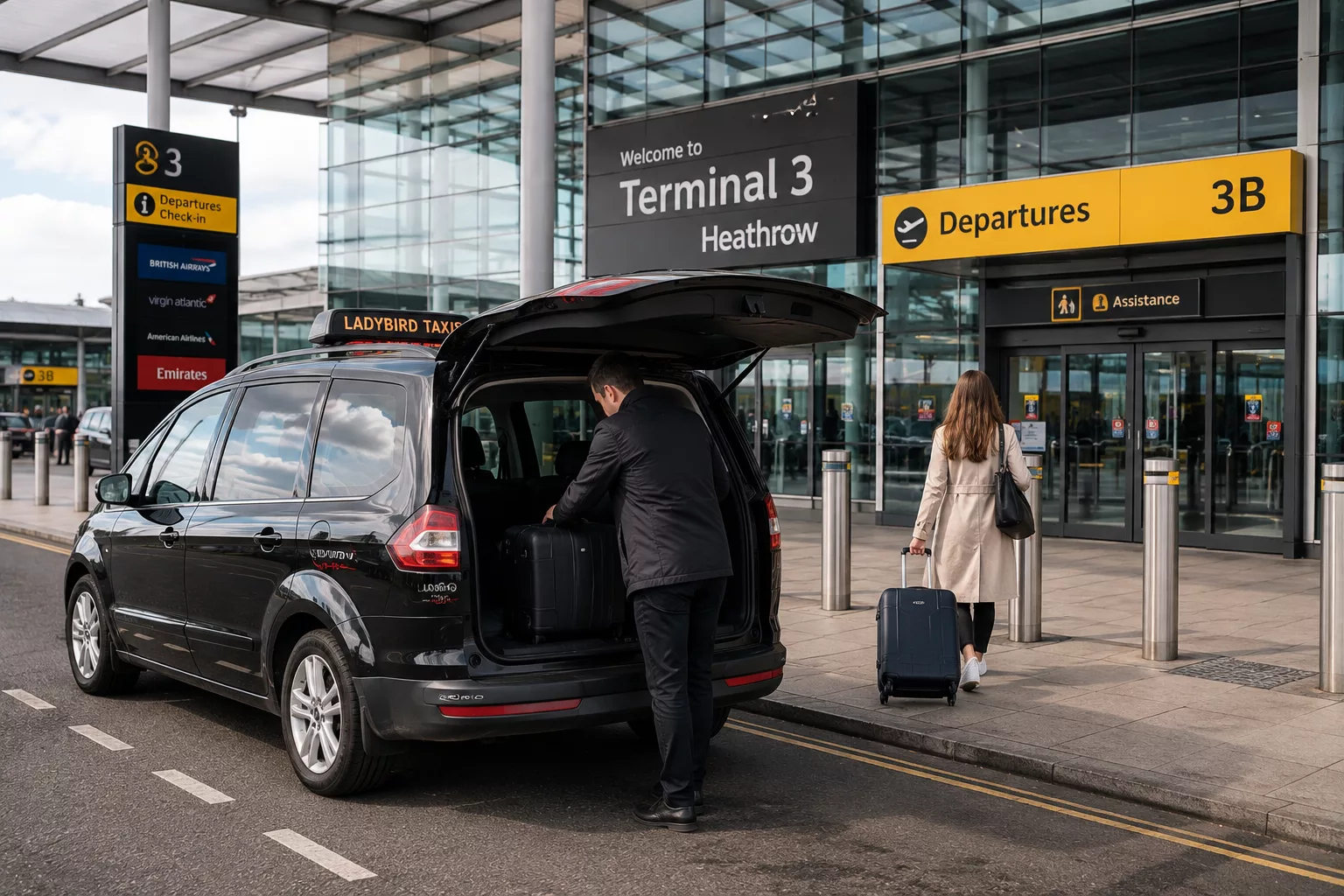 Best Local Taxi Routes to Airports in Surrey 2 Surrey airport taxi dropping passengers at a Heathrow Airport terminal
