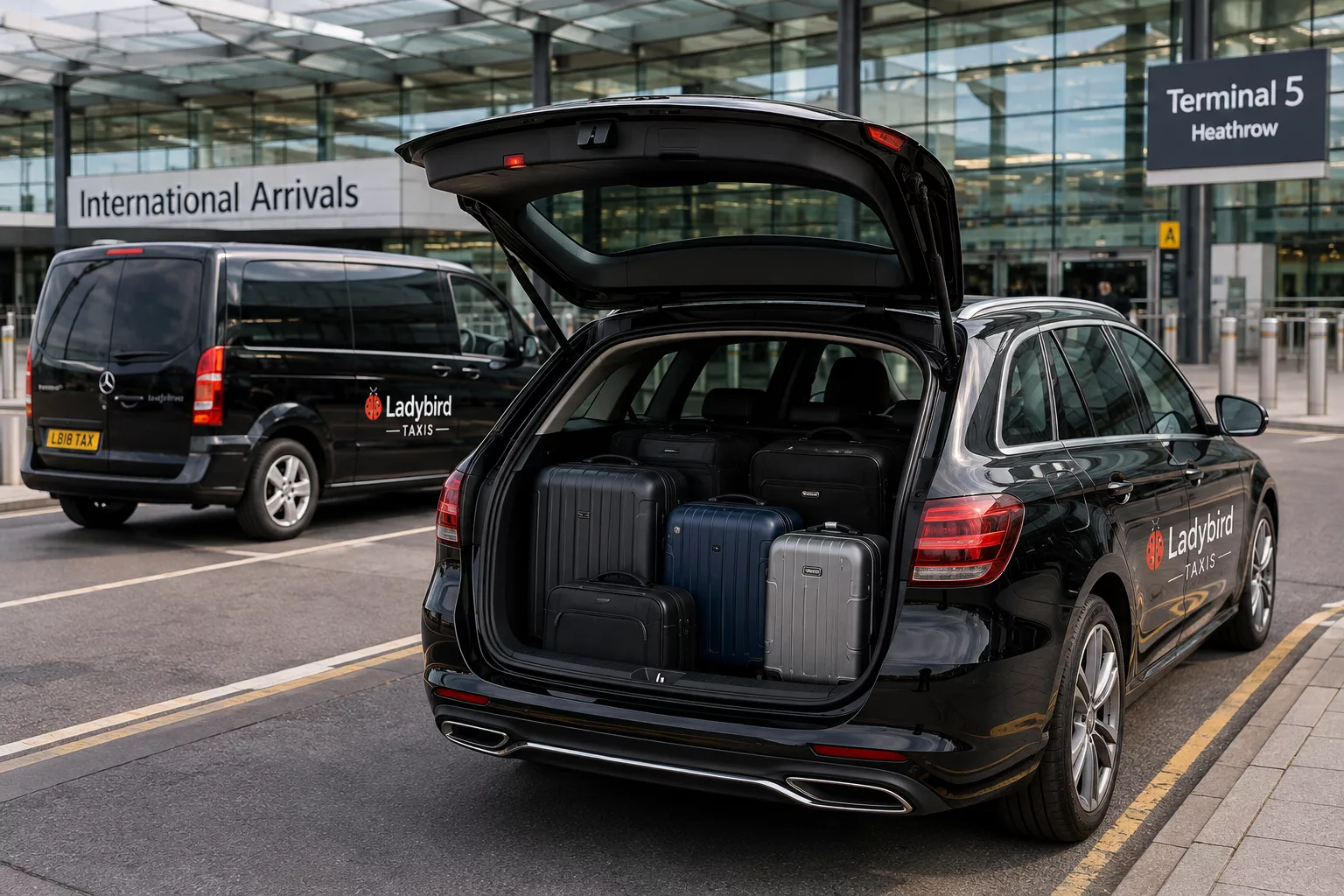 Heathrow to Bisley Taxi Service 2 Airport taxi vehicle with luggage for Heathrow to Bisley transfers