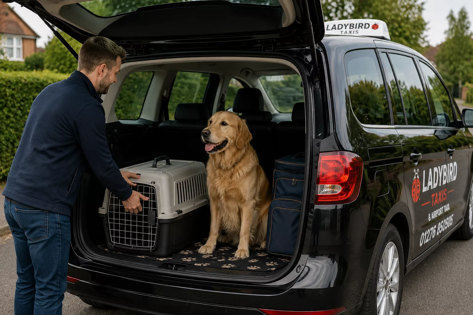 Best Pet-Friendly Taxi Options in Surrey & Hampshire 1 Large dog and pet carrier beside a spacious pet-friendly taxi