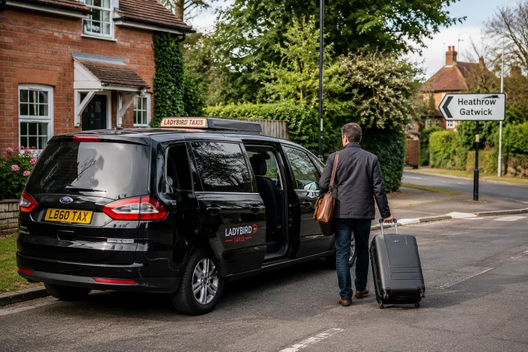 Local taxi collecting passengers in Surrey for an airport journey