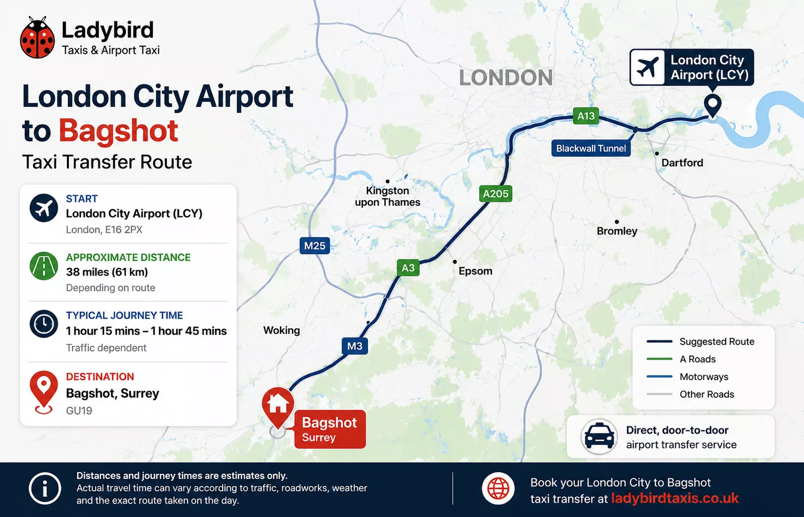 London City to Bagshot Taxi Service 1 Map showing the taxi route from London City Airport to Bagshot in Surrey