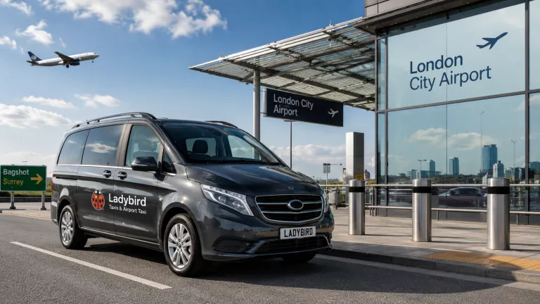 Ladybird Taxis vehicle providing a London City Airport to Bagshot taxi service