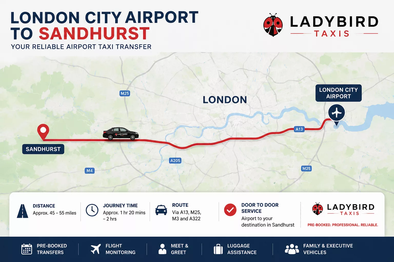 London City to Sandhurst Taxi Service 1 Route map showing the taxi journey from London City Airport to Sandhurst