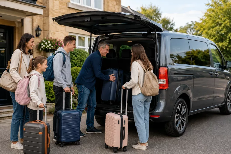 Group loading luggage into a minibus for an airport transfer