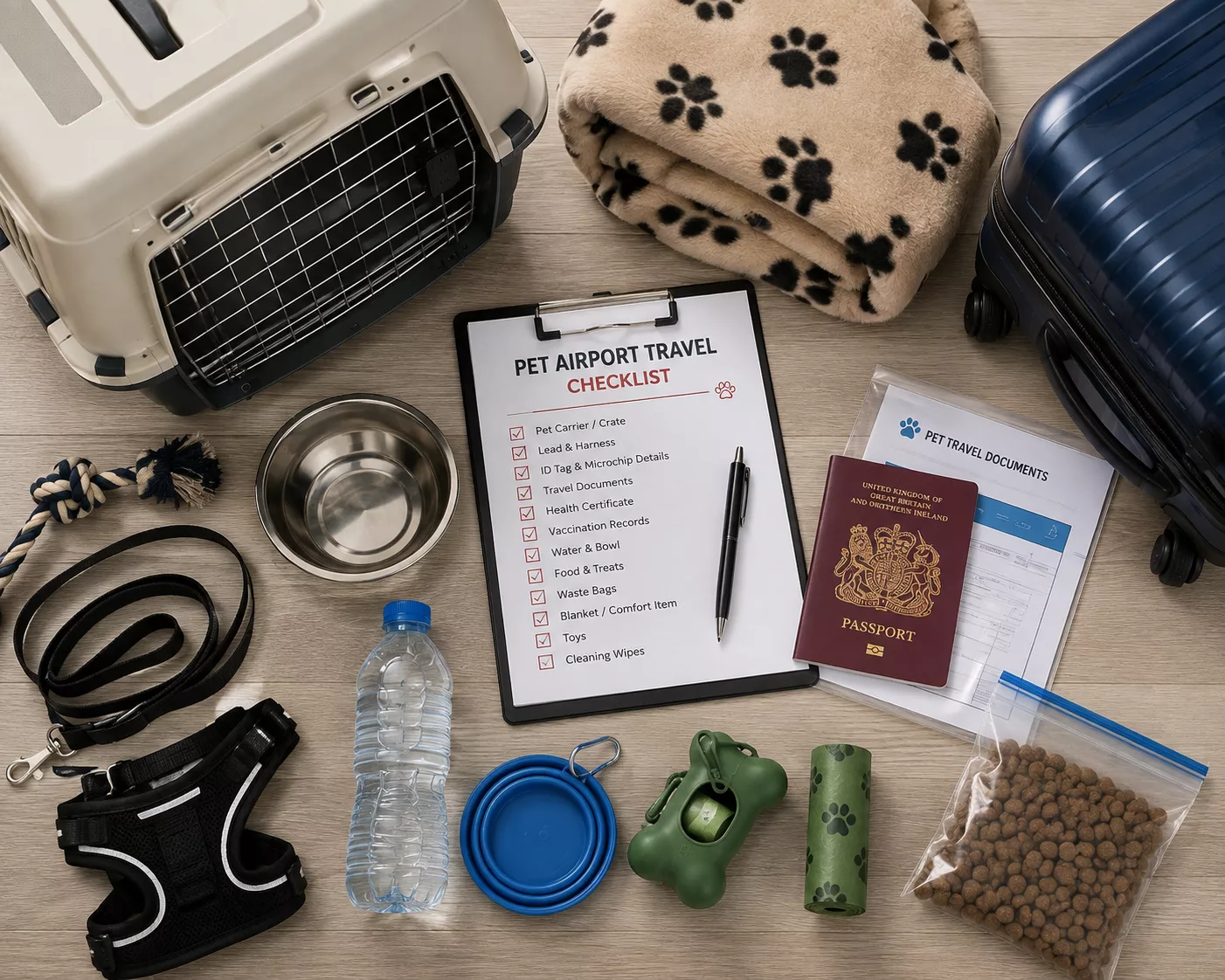 Airport Travel with Pets: What you Must Know 4 Pet airport travel essentials including carrier lead documents and luggage