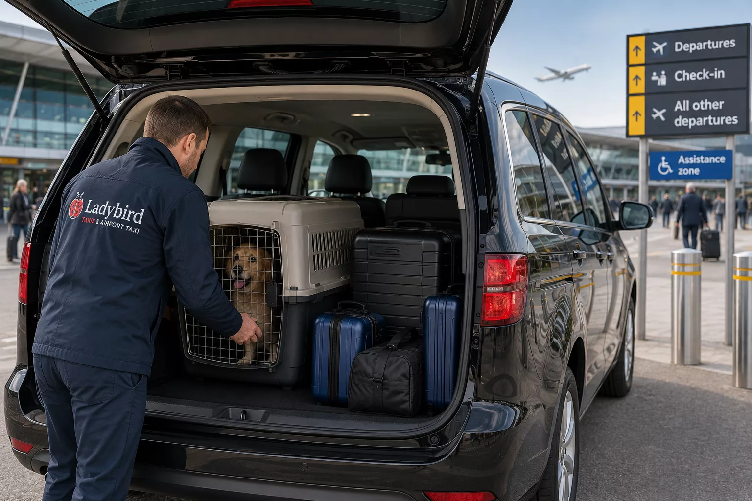 Airport Travel with Pets: What you Must Know 1 Pet travel carrier and luggage being loaded into an airport taxi