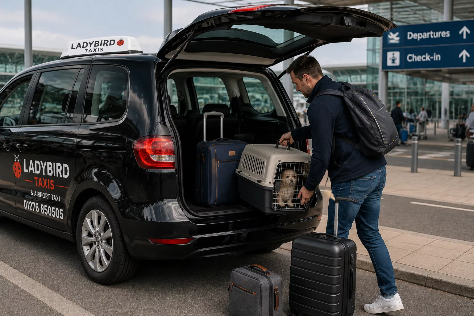 Best Pet-Friendly Taxi Options in Surrey & Hampshire 3 Pet carrier and luggage being loaded into a pet-friendly airport taxi