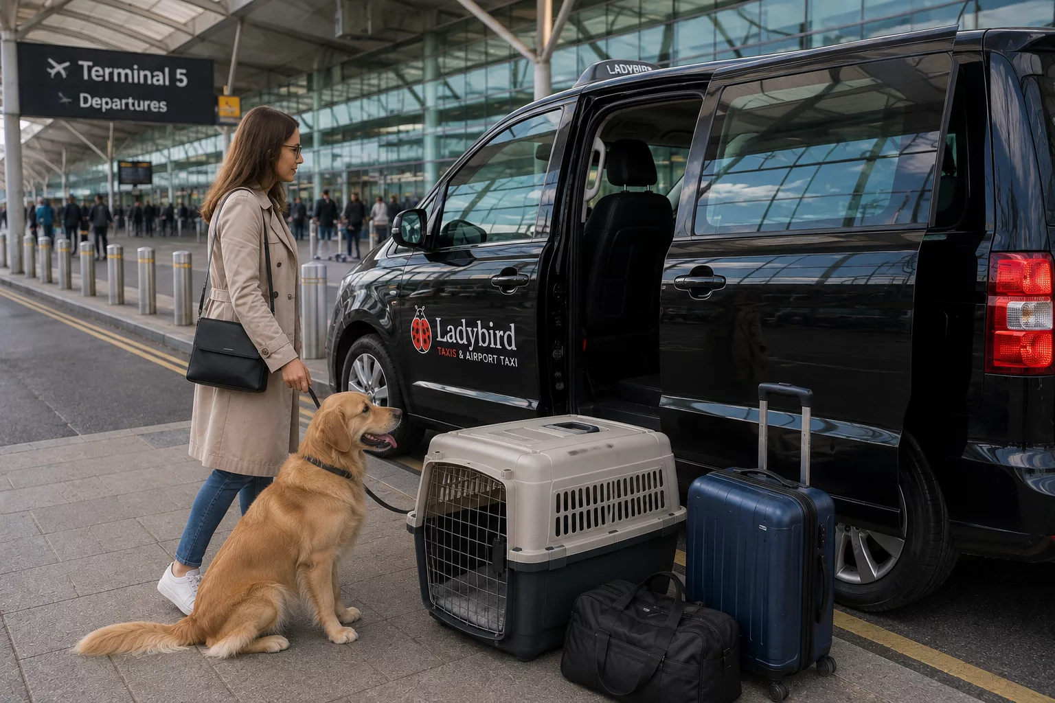 Airport Travel with Pets: What you Must Know 3 Pet owner arriving at Heathrow Airport in a pet-friendly taxi
