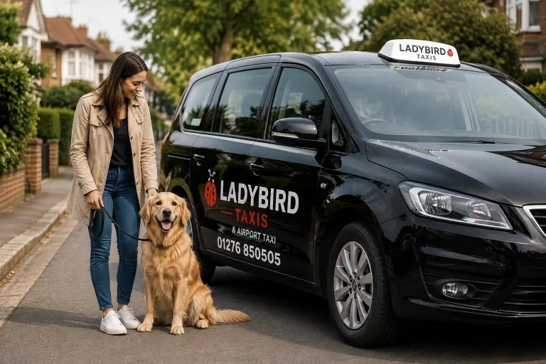 Dog beside a pet-friendly taxi in Surrey and Hampshire