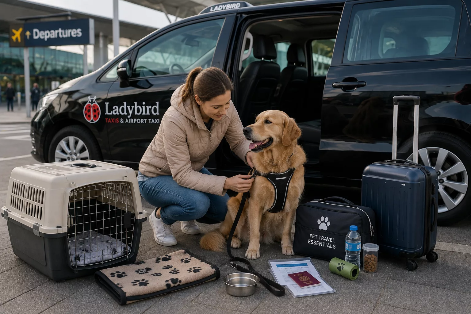 Airport Travel with Pets: What you Must Know 2 Owner preparing a dog for a pet-friendly airport taxi journey