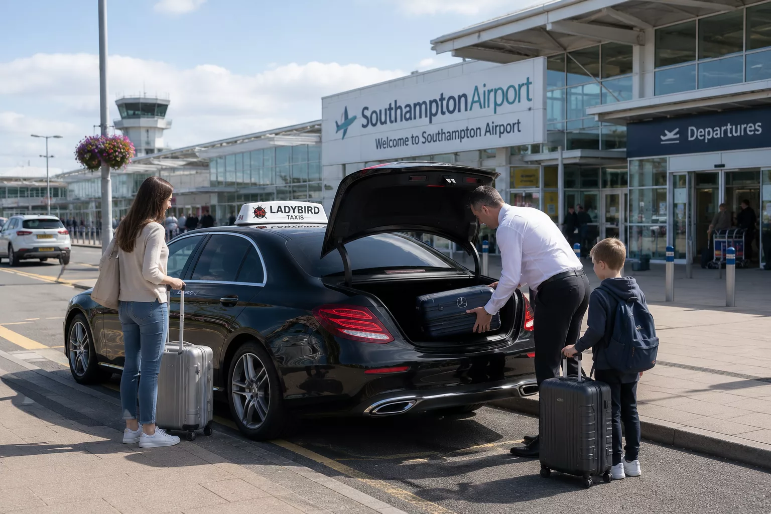Southampton Airport Taxi from Bagshot 3 Private taxi transfer arriving at Southampton Airport terminal