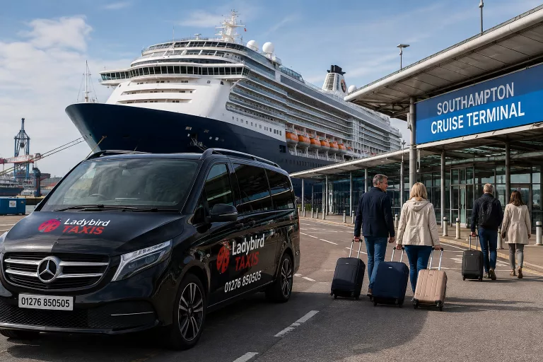 Private taxi transfer at Southampton Cruise Port with cruise ship and passenger luggage