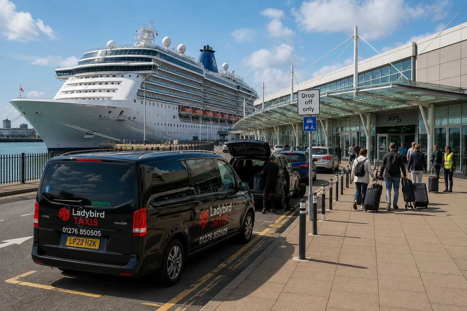 Southampton Cruise Port Transfers 2 Taxi drop-off area near a Southampton cruise terminal and cruise ship