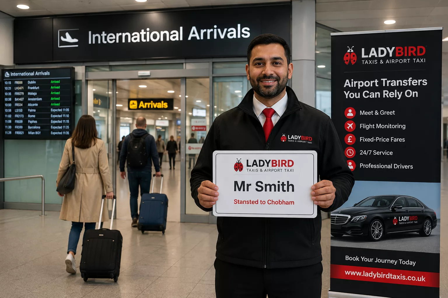 Stansted to Chobham Taxi Service 2 Professional driver providing a Meet and Greet service at Stansted Airport