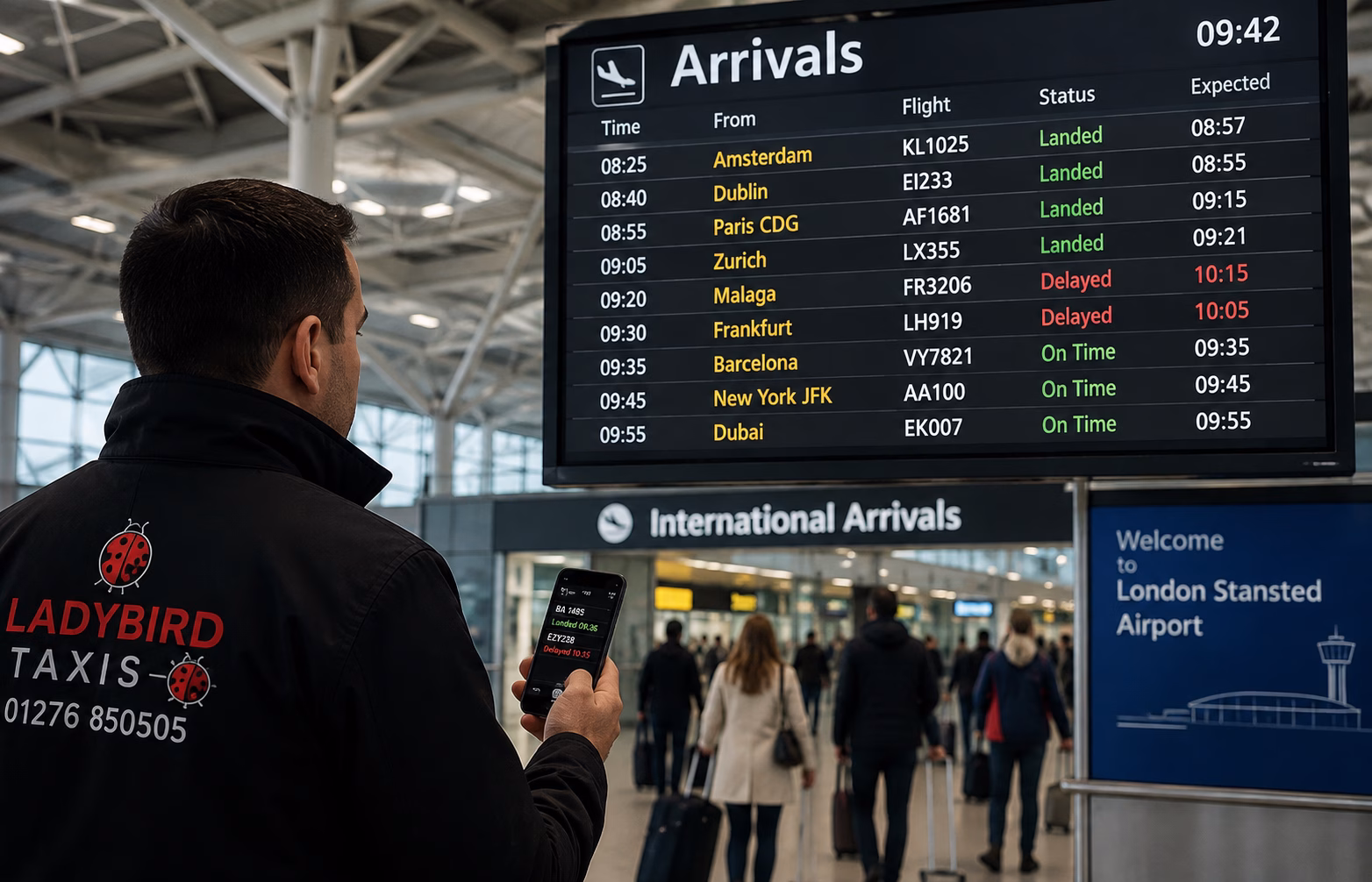 Flight Tracking: How Ladybird Taxis Ensures On-Time Pickups 1 Airport arrivals board showing delayed and on-time flights for taxi pickup planning