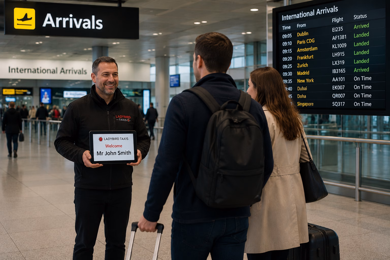 Flight Tracking: How Ladybird Taxis Ensures On-Time Pickups 3 Ladybird taxi driver meeting arriving passengers in an airport terminal after flight tracking