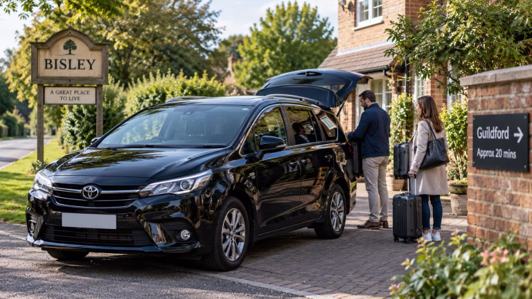 Black taxi ready for a journey from Bisley to Guildford