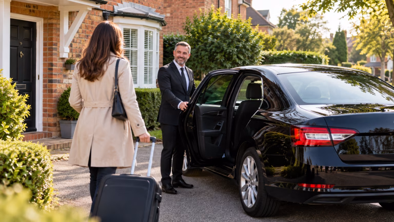Local taxi ready for passenger pickup outside a UK home