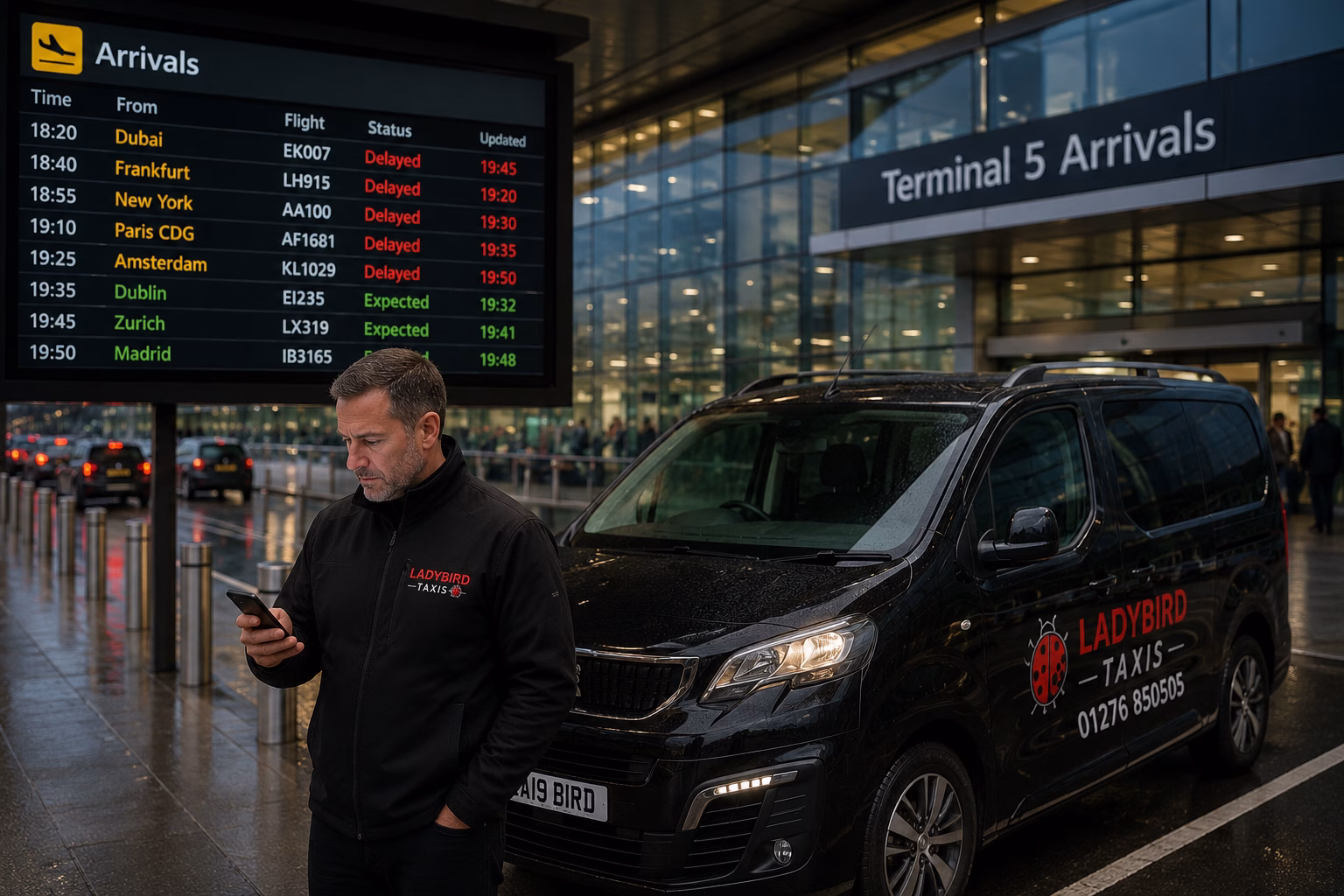 Flight Tracking: How Ladybird Taxis Ensures On-Time Pickups 2 Taxi driver checking delayed flight information before an airport passenger pickup