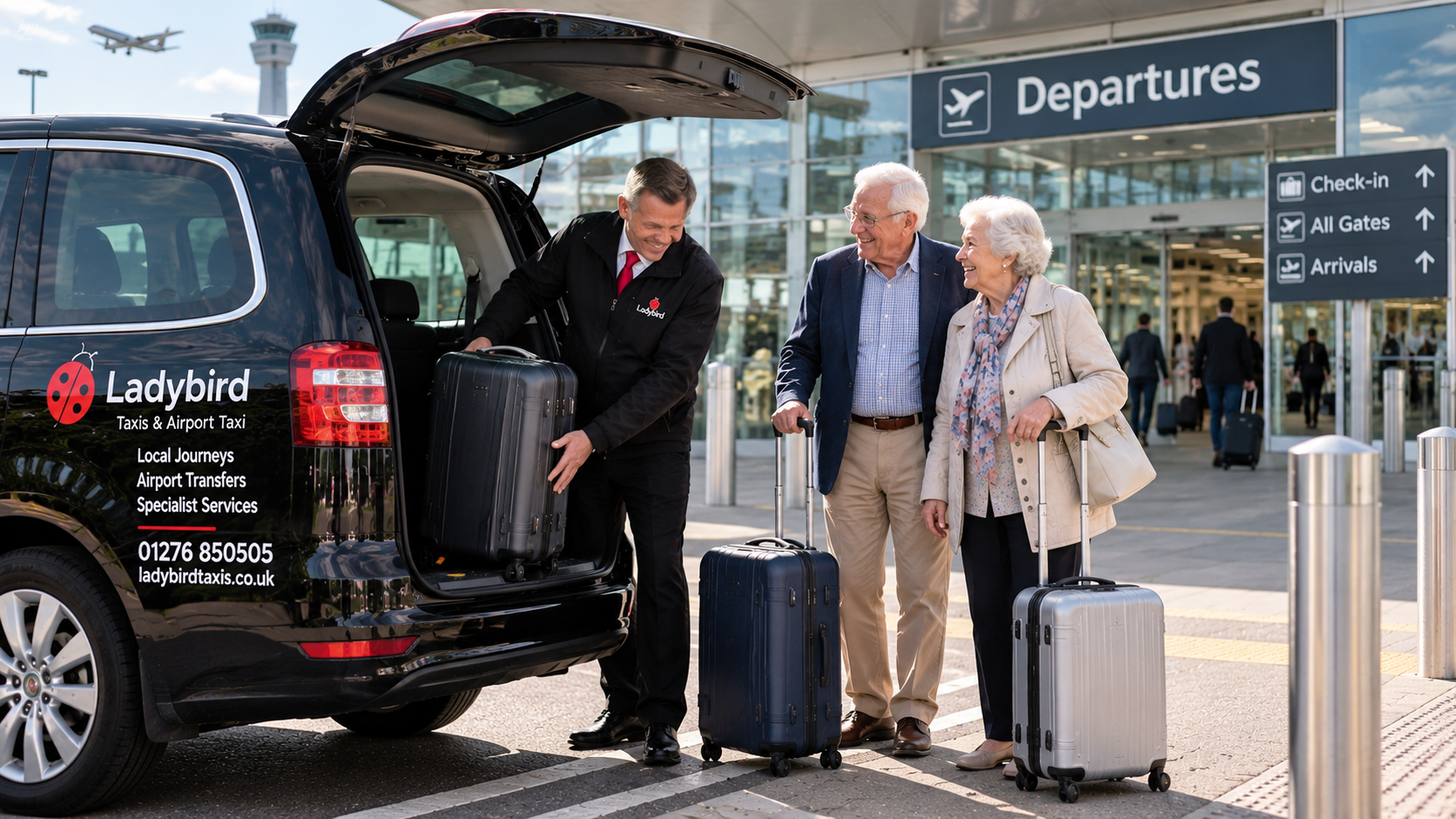 Top Benefits of Elderly-Friendly Taxis in Your Area 4 Elderly couple with luggage beside a black taxi at a UK airport terminal