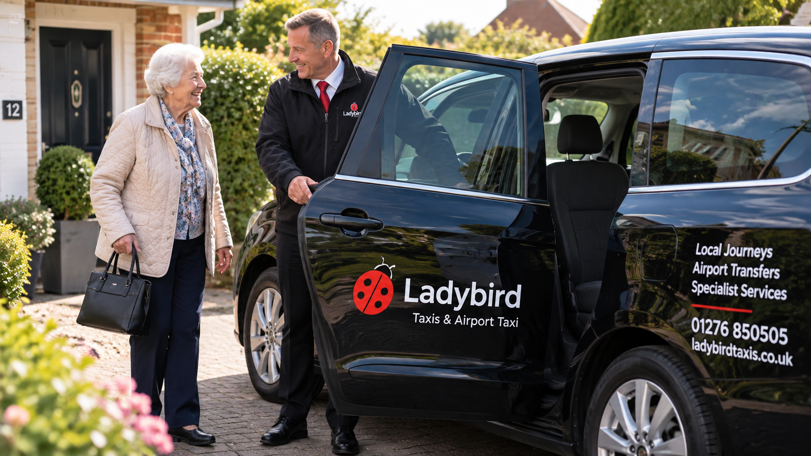 Elderly passenger beside a black elderly-friendly taxi ready for a local journey