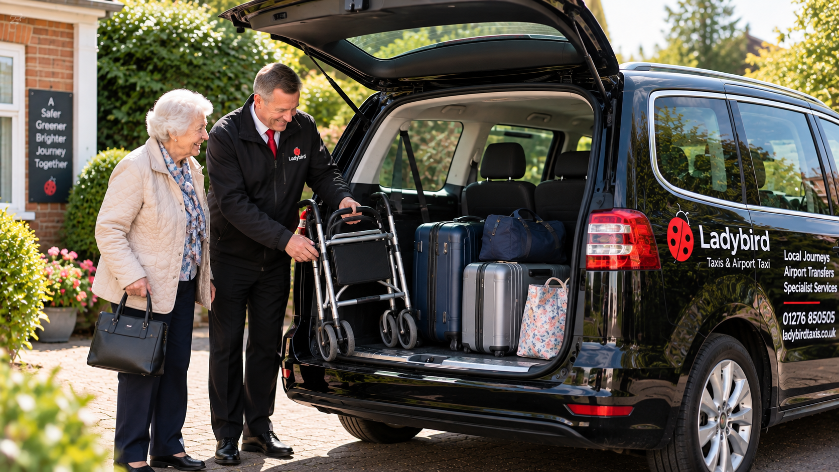 Top Benefits of Elderly-Friendly Taxis in Your Area 2 Black taxi with space for elderly passenger luggage and a folding walking aid