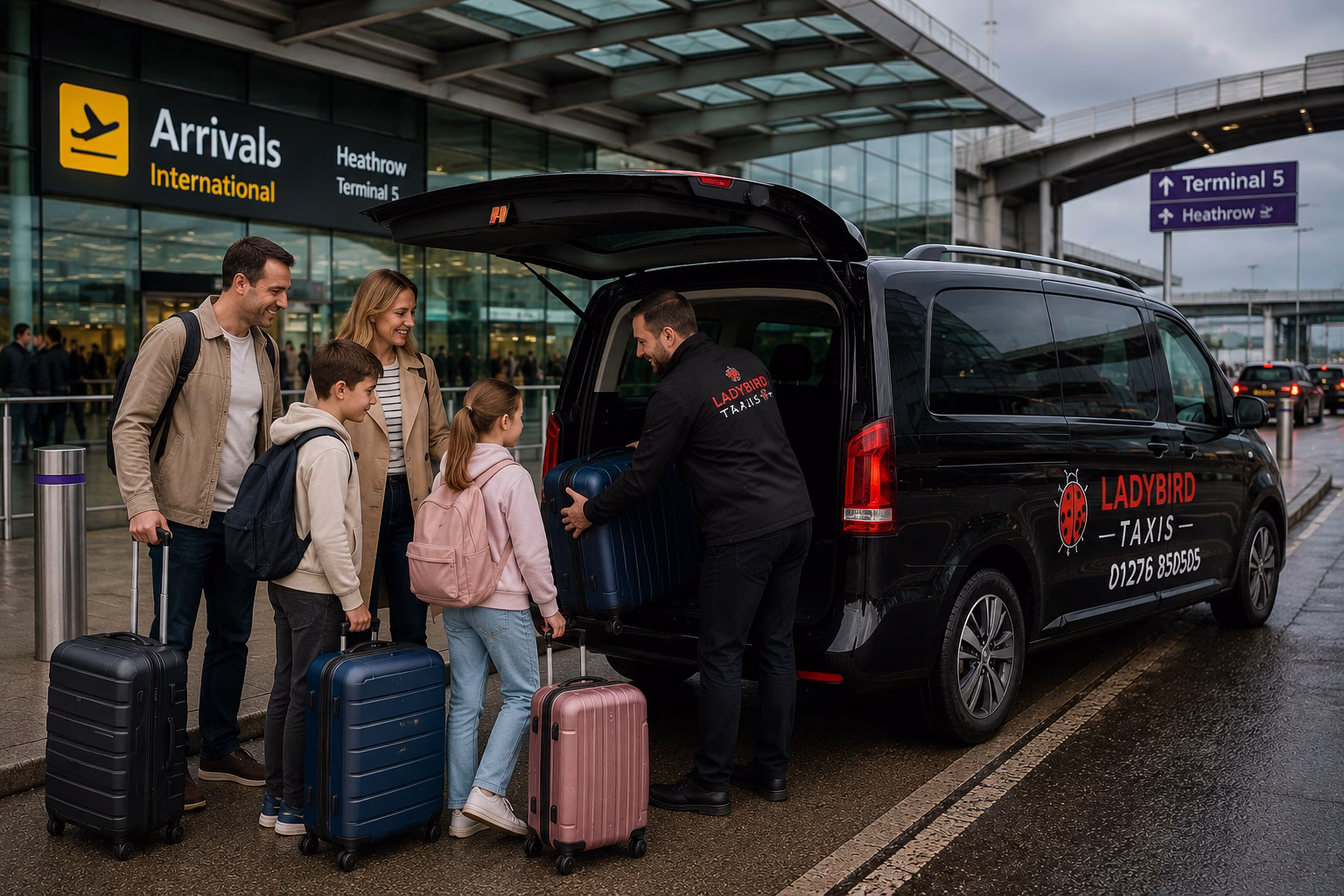 Flight Tracking: How Ladybird Taxis Ensures On-Time Pickups 4 Family loading luggage into a spacious Ladybird airport taxi after their flight arrival