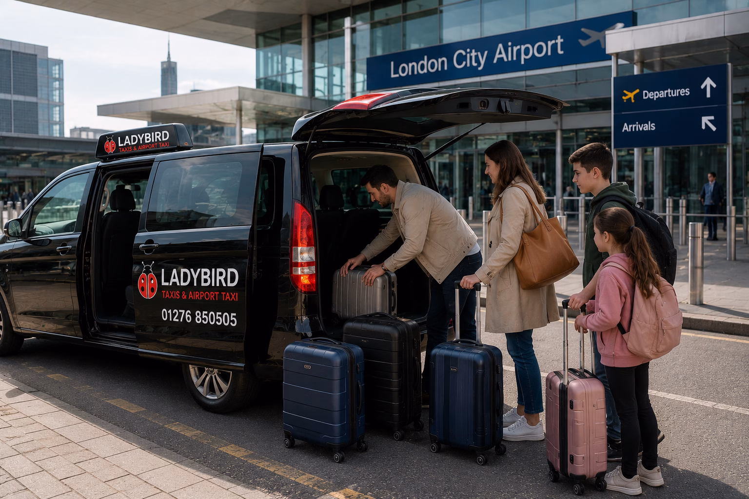 London City Airport to Farnborough Taxi Service 3 Family loading luggage into a larger taxi for London City Airport to Farnborough transfer