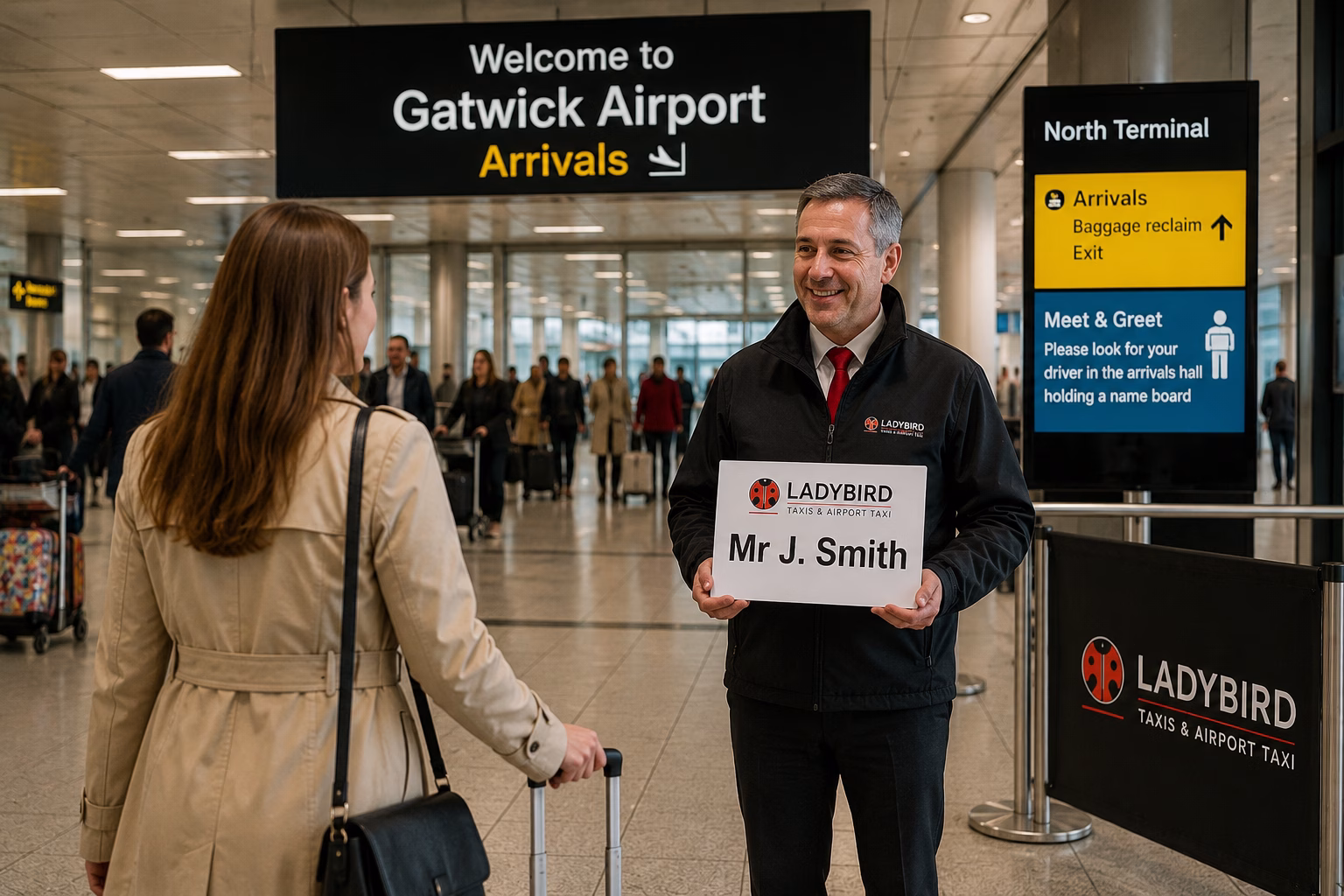 Gatwick to Farnborough Taxi Service 1 Professional taxi driver meeting passenger at Gatwick Airport arrivals