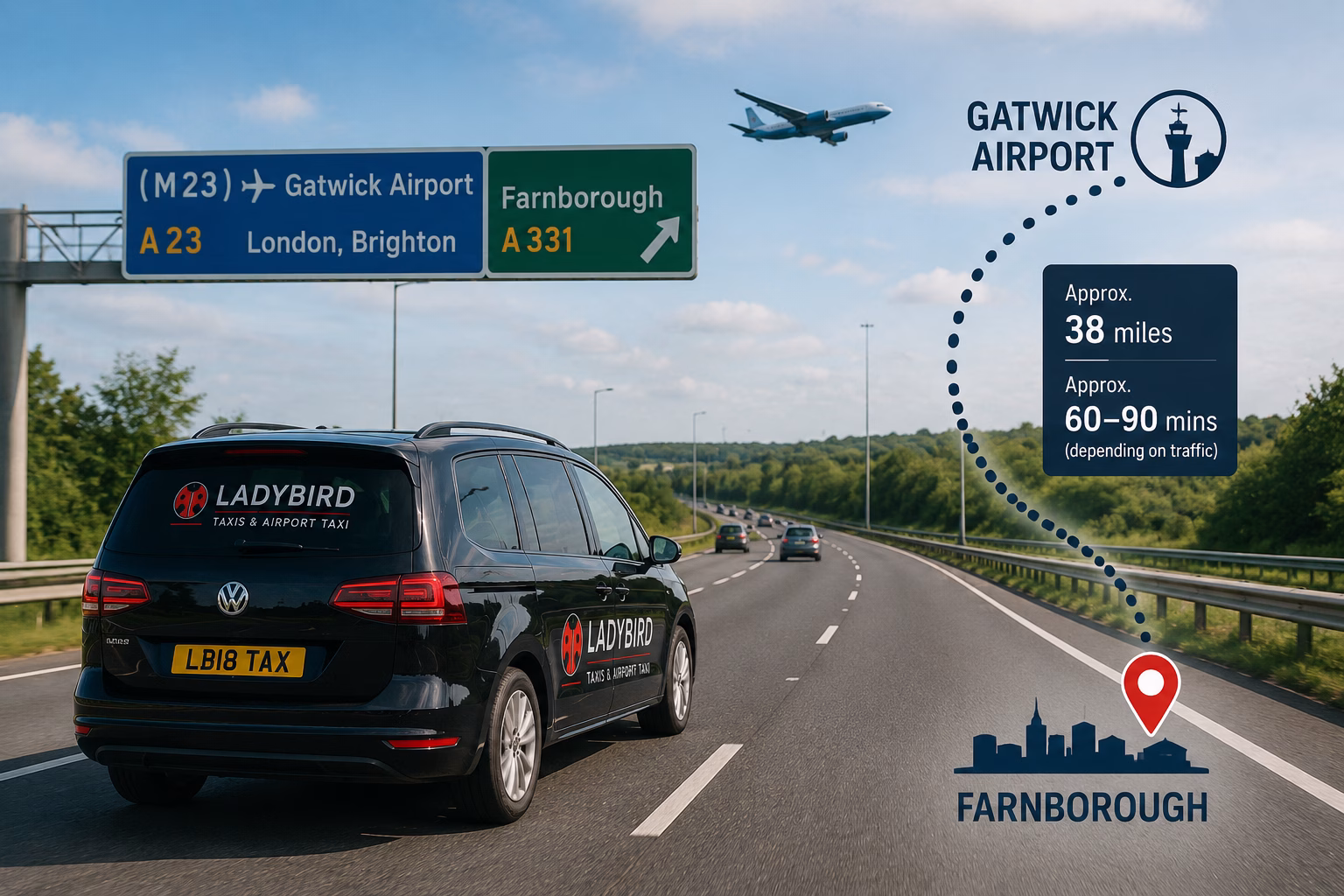 Gatwick to Farnborough Taxi Service 2 Taxi travelling from Gatwick Airport to Farnborough