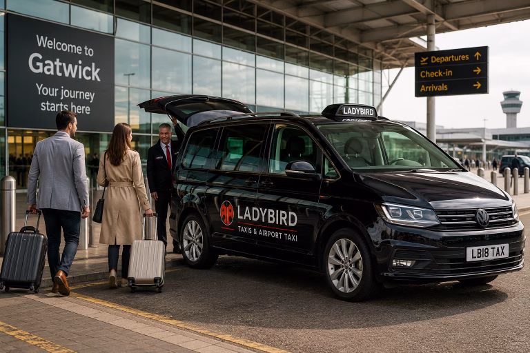 Ladybird taxi at Gatwick Airport for a transfer to Farnborough