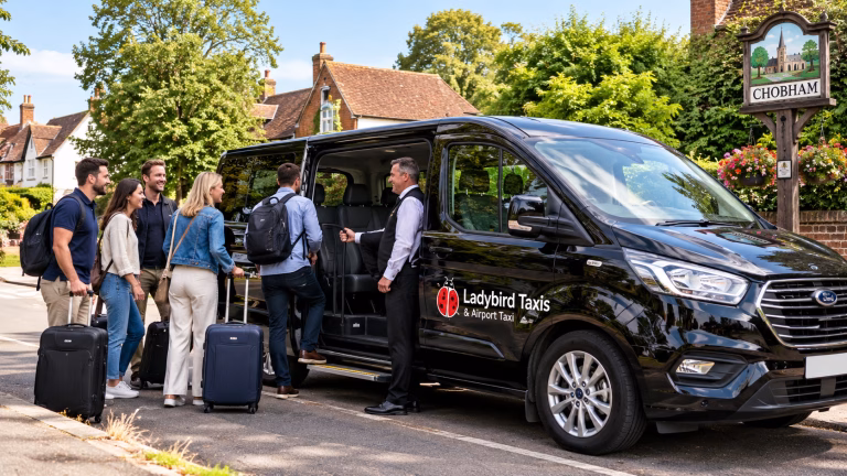 Group travel and minibus taxi ready for passengers in Chobham