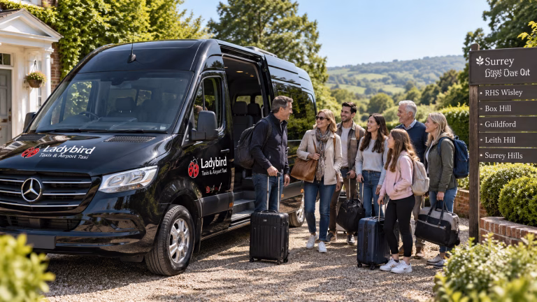 Group travellers beside a Ladybird-style minibus ready for a Surrey day trip