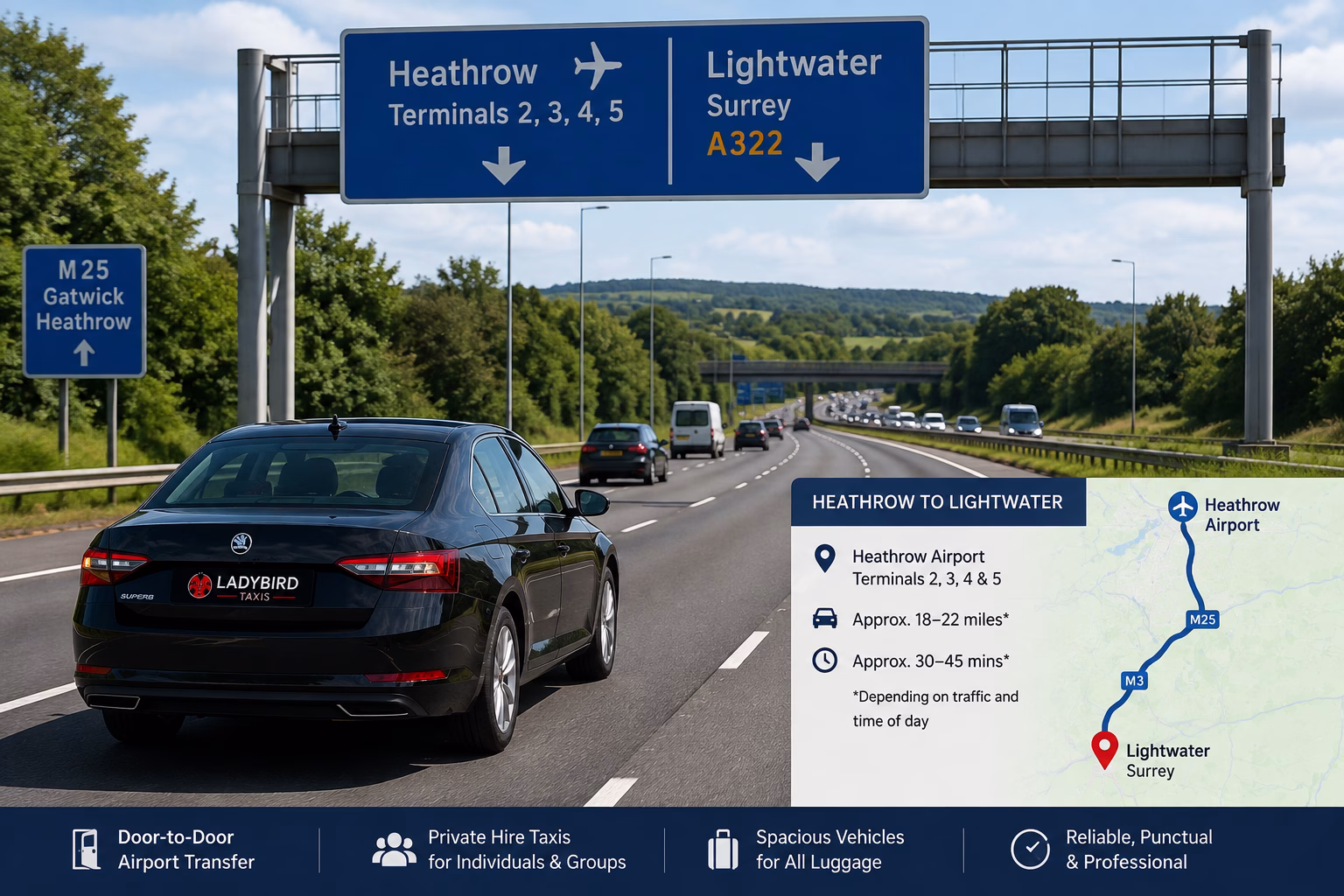 Heathrow to Lightwater Taxi Service 1 Taxi travelling from Heathrow Airport towards Lightwater Surrey