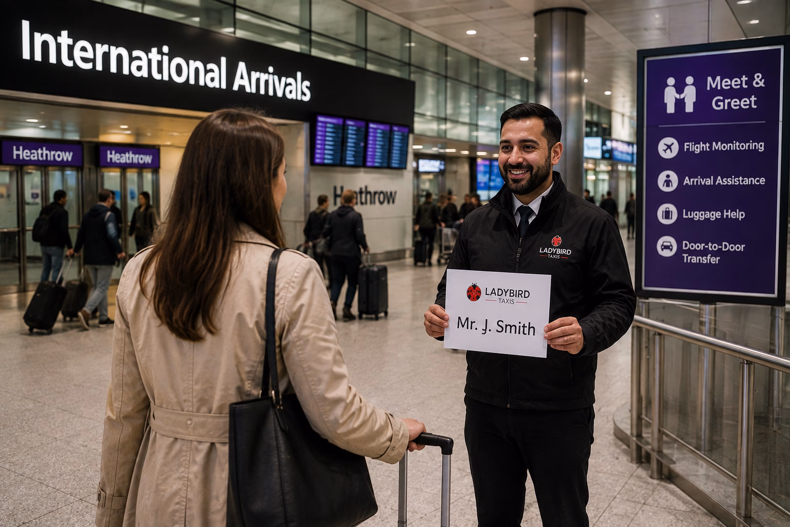 Heathrow to Lightwater Taxi Service 2 Professional driver meeting passenger at Heathrow arrivals for Lightwater taxi transfer