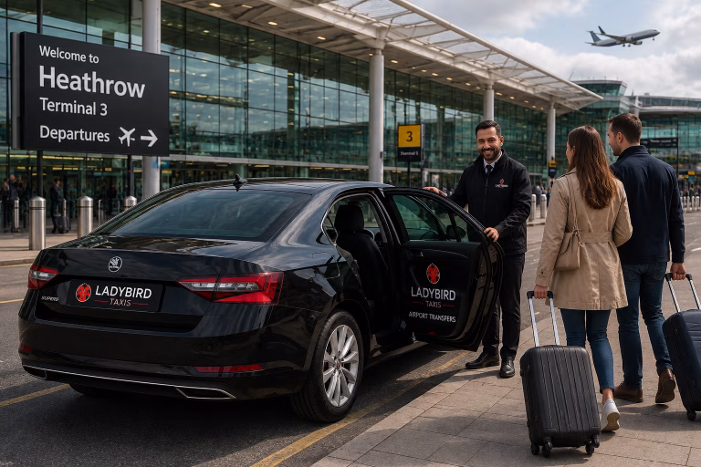 Ladybird taxi at Heathrow Airport for a transfer to Lightwater Surrey
