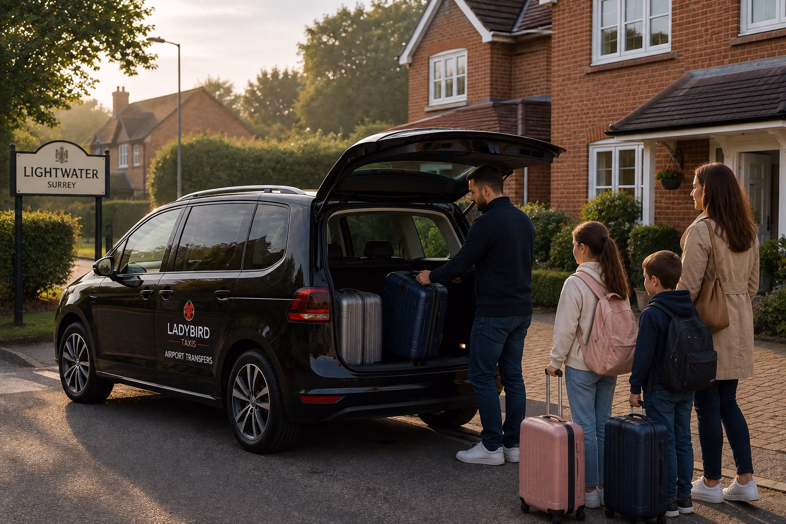 Heathrow to Lightwater Taxi Service 3 Ladybird taxi collecting passengers from a Lightwater home for Heathrow Airport
