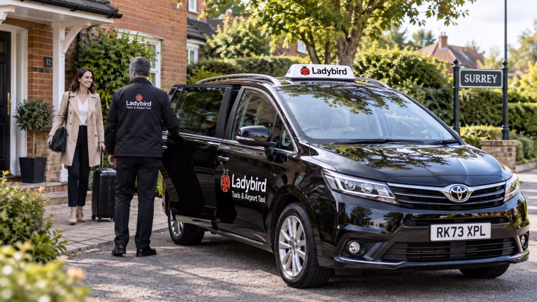 Local taxi service in Surrey and Hampshire with black taxi ready for passenger pickup