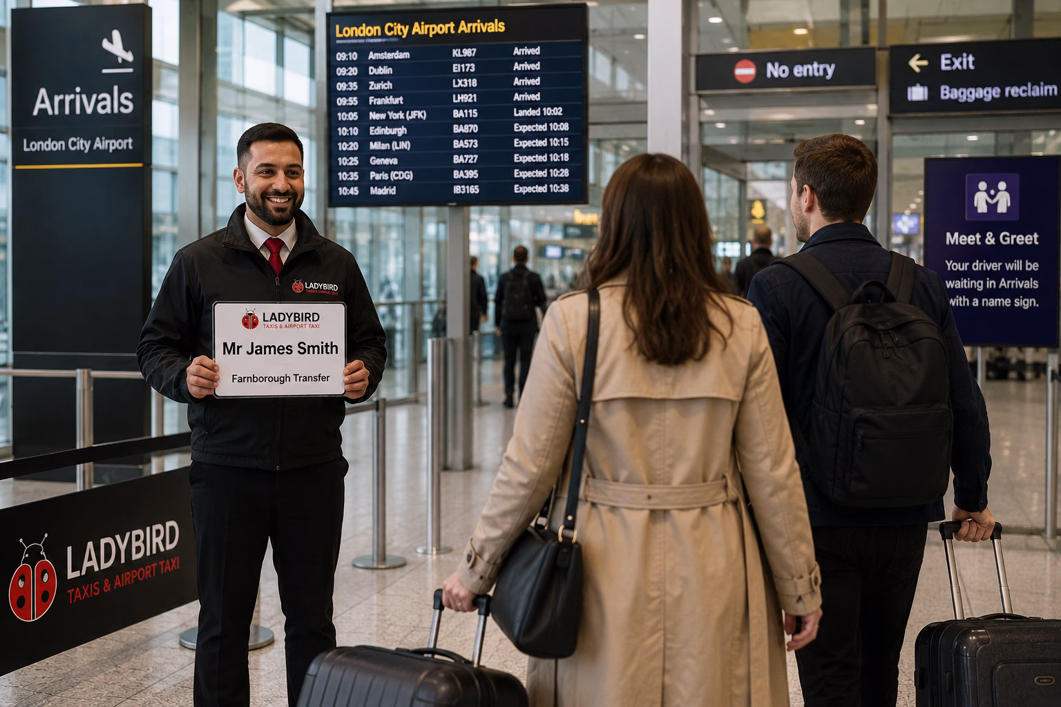 London City Airport to Farnborough Taxi Service 1 Driver meeting passengers at London City Airport arrivals for a Farnborough taxi transfer