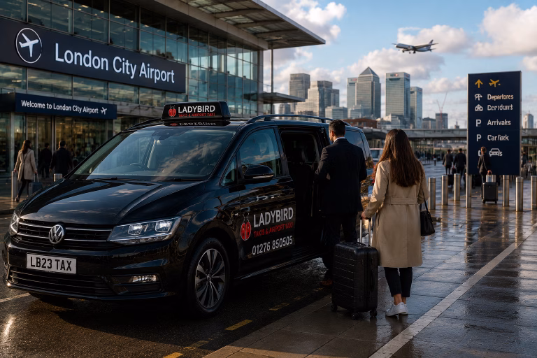 Ladybird taxi at London City Airport ready for a transfer to Farnborough