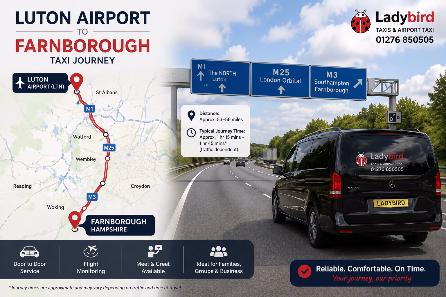 Luton Airport to Farnborough Taxi Service 1 Taxi travelling from Luton Airport towards Farnborough on a motorway route