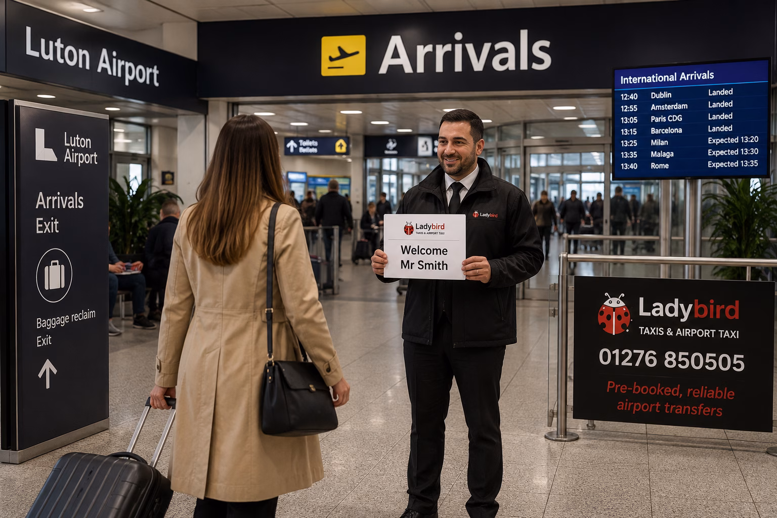 Luton Airport to Farnborough Taxi Service 2 Professional driver meeting a passenger with luggage at Luton Airport arrivals