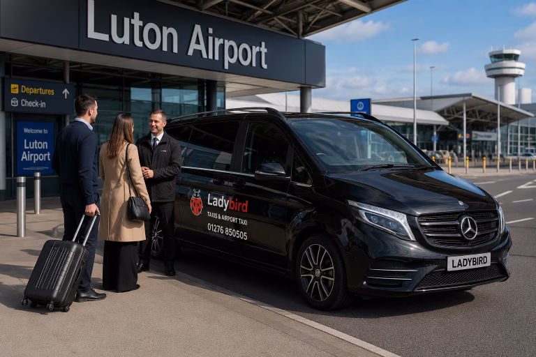 Ladybird taxi at Luton Airport ready for a private transfer to Farnborough