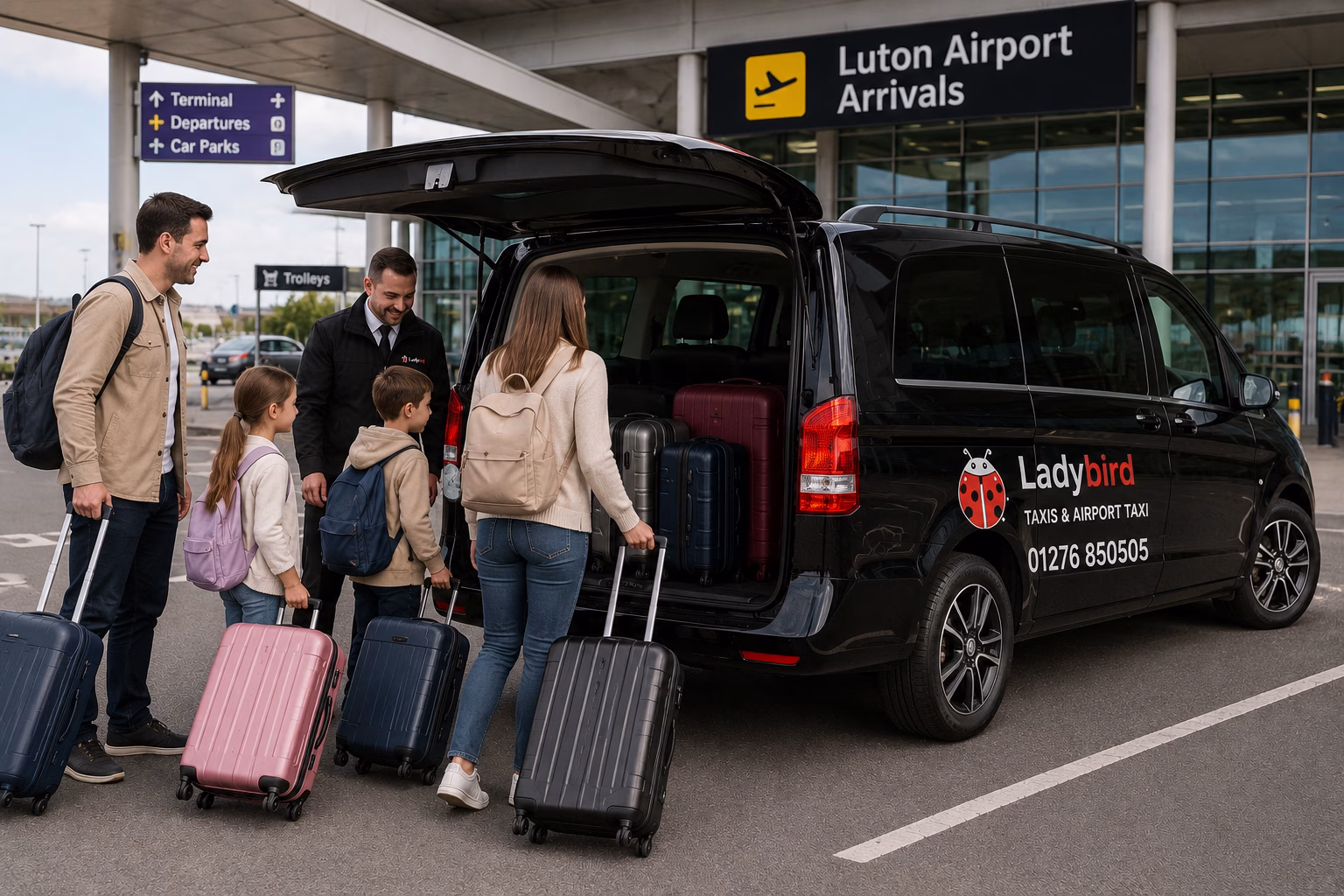 Luton Airport to Farnborough Taxi Service 3 Family loading airport luggage into a spacious taxi for a Luton to Farnborough transfer